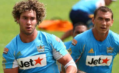 Big future: Ben Ridge (left) trains alongside Titans’ dual international Mat Rogers at Pizzey Park, Miami, on the Gold Coast this season. Big future: Ben Ridge (left) trains alongside Titans’ dual international Mat Rogers at Pizzey Park, Miami, on the Gold Coast this season.